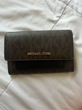 Michael Kors Dark Brown Signature Compact Wallet with Gold Logo